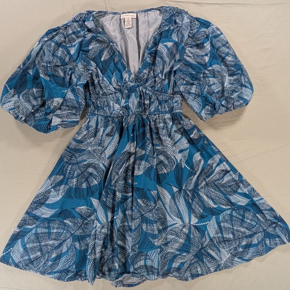 Sincerely Jules Colorful Leaf Print Balloon Sleeve Mini V-neck Dress Size Small